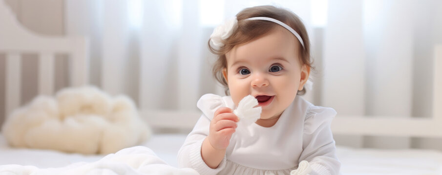 Beautiful little smiling white baby girl with blue eyes and long brown hair holding a doll using her hands in a simple light beige room created with Generative AI Technology