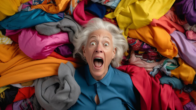 A Elderly Woman Against The Background Of A Pile Of Clothes And Things. The Problem Of Consumerism And Overconsumption. A Person In A Pile Of Clothes.