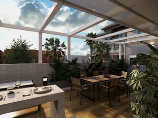terraza de ático de casa moderna con cocina de exterior y estilo mediterraneo en el atardecer  - obrazy, fototapety, plakaty
