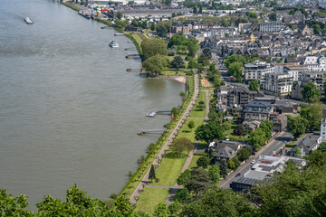 Andernach, Germany - Aerial view of the town of Andernach by the famous Rhine river in summer on a sunny day - 751186917