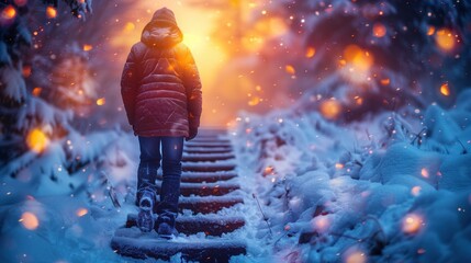 The start of a new year and new things, challenges, career paths and changes, the readiness of leaders, a young man walks up the stairs. With the background being the rising sun. - obrazy, fototapety, plakaty