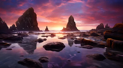 Selbstklebende Fototapeten Beautiful seascape. Panoramic view of the rocks on the beach at sunset © Iman