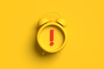 Yellow alarm clock with exclamation mark on background.