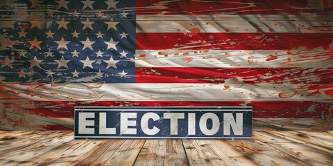2024 US Election concept - American flag and voting for 2024 presidential, gubernatorial, federal, and state elections "ELECTION" text