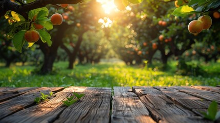 wooden table stand on farm to display food, perfume and other products on a nature background, on a farm, an apple field with grass, trees and morning sunlight.