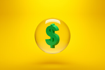 US dollar currency symbol in a glass sphere on yellow background.