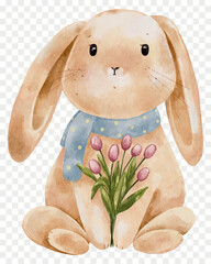 Cute Rabbit holding Tulip flower,Cartoon Watercolour hand paint Bunny Rabbit,Hare character element for Easter card,Spring,Summer poster,Vector illustration isolated portrait animal © Anchalee