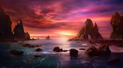 Beautiful seascape panorama of sunset over the sea and rock - obrazy, fototapety, plakaty