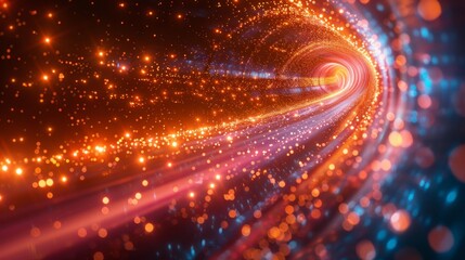 Fototapeta premium Digital technology background concept internet network connection. Dynamic light trails inside fiber optic cable, abstract representation of internet speed and data flow