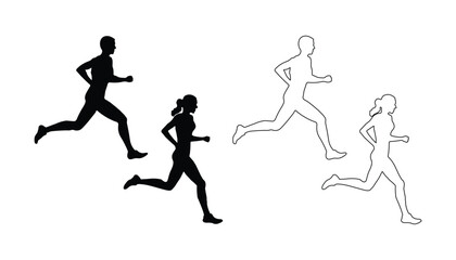 Fototapeta na wymiar Runners, silhouettes and lines of men and women running on a white background. People jogging, full body, side view. Vector illustration.