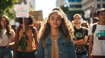 Girl with Protest Sign at Youth Summit, To highlight the importance of youth activism and collective action for climate change awareness and