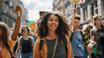 Fototapeta premium Young Woman Protesting with Vibrant Energy, To convey a message of activism, community, and youthful energy towards social change and environmental