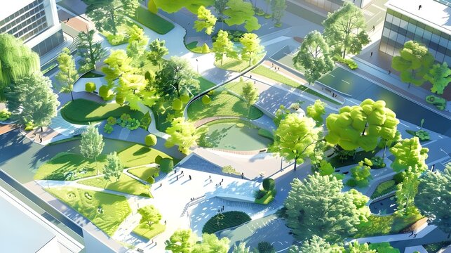 Aerial View of City Green Park in VRay Tracing Style, Highlighting the importance of green spaces in urban areas and the balance between nature and