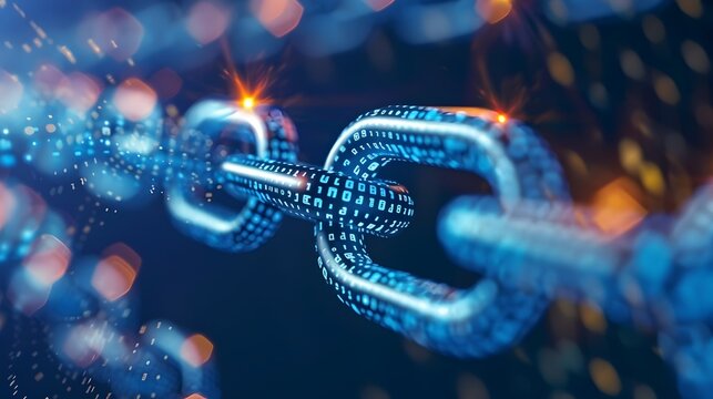 Luminous Blue Chain in Cryptographic Panorama, This image can be used in digital marketing campaigns, cybersecurity promotions, bitcoin and