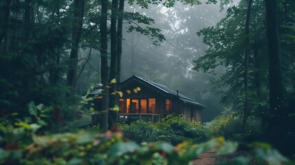 Foggy Forest Cabin in Dreamy Hazy Romanticism
