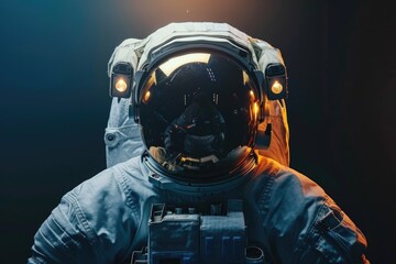 Astronaut in suit with reflective visor. Studio portrait with dark background. - obrazy, fototapety, plakaty
