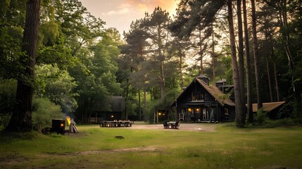Rustic Cabin Surrounded by Woods and a Warm Firepit