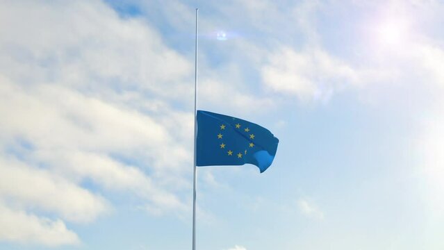 Flag of the European Union half mast in the wind. High bitrate slow motion animation in 4K.