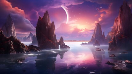 Fantasy landscape with mountains and sea at night. 3D illustration