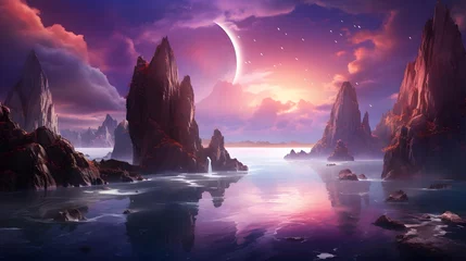 Fotobehang Fantasy landscape with mountains and sea at night. 3D illustration © Iman