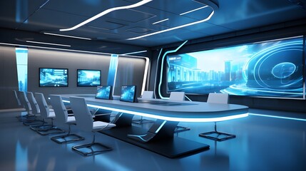 The meeting room interior is decorated with tables and chairs and modern digital screens.