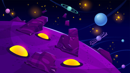 Alien planet surface for game ui design. Vector cartoon illustration of outer space landscape with neon yellow crates, rocky stones, stars glowing and asteroids flying in night sky, cosmos exploration © klyaksun