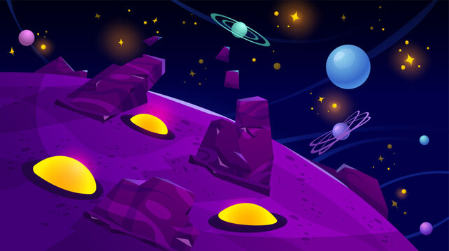 Alien planet surface for game ui design. Vector cartoon illustration of outer space landscape with neon yellow crates, rocky stones, stars glowing and asteroids flying in night sky, cosmos exploration