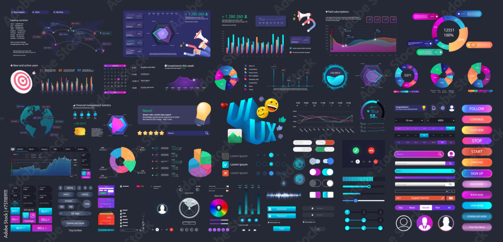 Poster web, ui, ux graphic elements set for mobile app, dashboard, web design. neon interface - slider, sea
