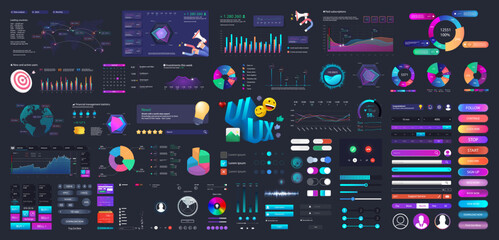 Web, UI, UX graphic elements set for mobile app, dashboard, web design. Neon interface - slider, search, loading bars, buttons, graphs, charts, diagrams. UI, UX graphic box. Vector User interface set