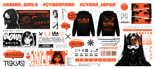 Obraz premium Futuristic anime cyberpunk elements for t-shirt, clothes, streetwear. Cyberpunk, manga, kawaii, anime concept. Translation from Japanese - future is now, paradise, epic fail, i love you, yo, be happy