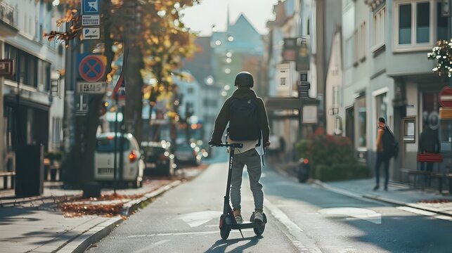 Man Riding Electric Scooter in City Street, To provide a unique and eye-catching image of a man riding an electric scooter in a city street, for use