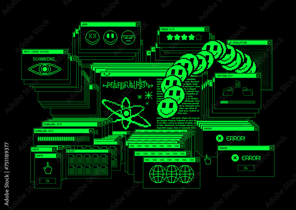 Fototapete retro art, old user interface windows with pixel elements from 00s, 90s. old computer vibe, y2k, ret