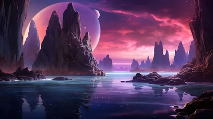 Gordijnen Fantasy alien planet. Mountain and lake. 3D illustration. © Iman