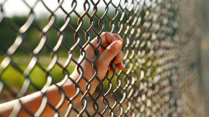 A closeup of a young woman's hands gripping a a chain link fence