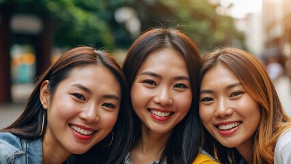 Fototapeta premium Group of female asian friend selfie group shot in holiday weekend vacation travel