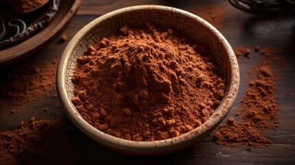 Bowl of cocoa powder on wooden table with scattered cocoa pieces.