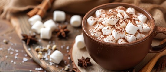 Fototapeta na wymiar A cup filled with steaming hot chocolate topped with fluffy marshmallows and a sprinkle of cinnamon. The warm drink sits on a table, inviting a cozy atmosphere.