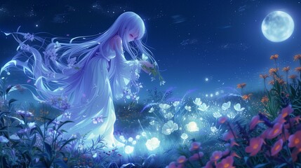A serene girl with long, flowing lavender hair, tending to a garden of glowing flowers, in a flowing botanical gown, on a moonlit floral landscape.