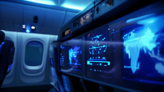 In an airplane cabin holographic displays provide pengers with realtime flight updates weather information and inflight entertainment options.