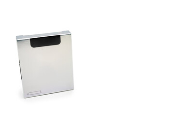 Condom box isolated on white background. Copy space for text. Sex protection, safe sex concept. Prevent infection.