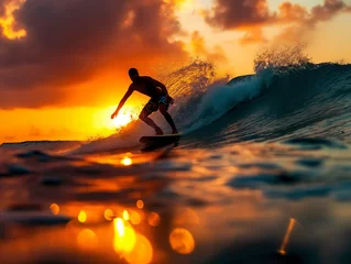 Fototapeten A surfer rides a majestic wave during a breathtaking sunset, embodying the thrill and beauty of surfing © cherezoff