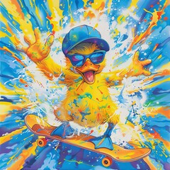 Duck Dynasty - A colorful and vibrant image of a duck wearing sunglasses and a blue hat, riding a skateboard, and surrounded by a splash of colorful paint. Generative AI