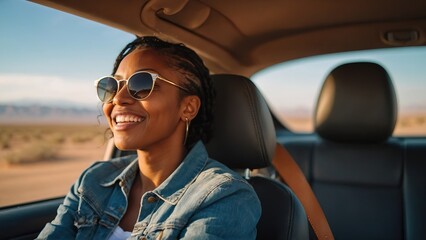Black woman rides in a car and enjoys the views of the desert