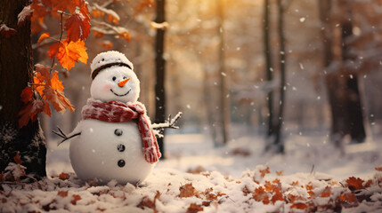 Greeting card snowman in the autumn forest cute pi - obrazy, fototapety, plakaty