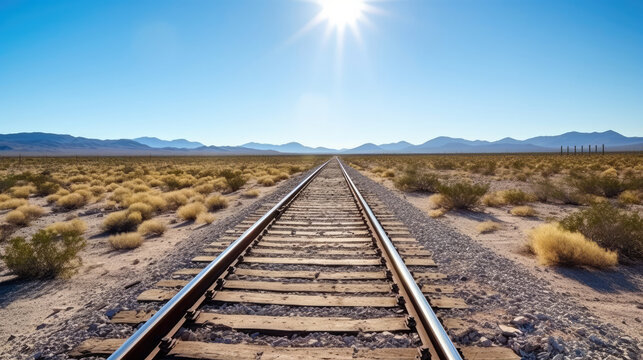 railroad train transport line across a desert grassy landscape on a hot sunny day and clear blue sky created with Generative AI Technology