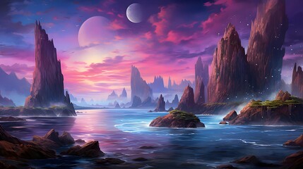 Fantasy landscape with mountains, sea and the moon. Digital painting.