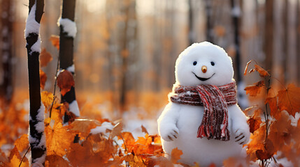 Greeting card snowman in the autumn forest cute pi - obrazy, fototapety, plakaty