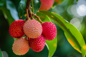 Juicy lychee berries on a branch with a blurred natural background.