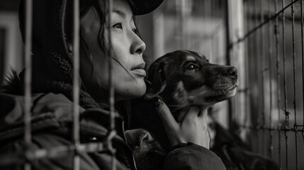A monochromatic image capturing a poignant moment as a woman and her dog gaze through a fence, reflecting a sense of longing or contemplation.