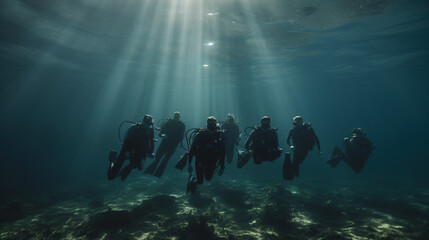 Group of divers passing exams open water